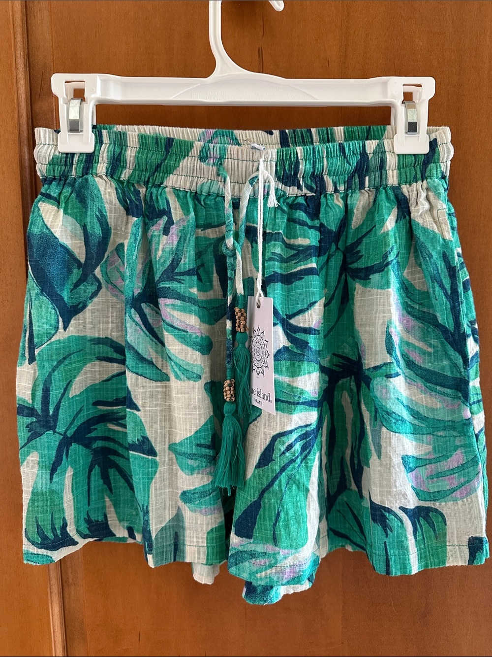 blue island Teal and Navy Tropical Palm Print Shorts